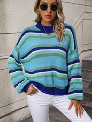 Women's loose mid-color round neck striped sweater - 808Lush