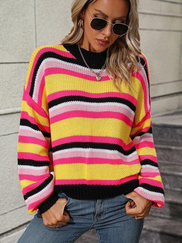 Women's loose mid-color round neck striped sweater - 808Lush