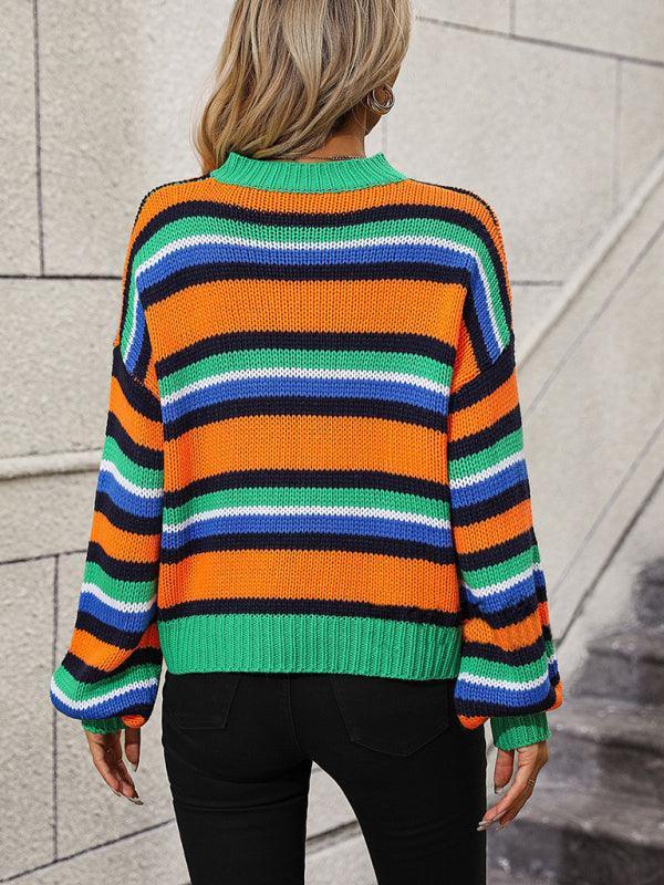 Women's loose mid-color round neck striped sweater - 808Lush