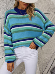 Women's loose mid-color round neck striped sweater - 808Lush