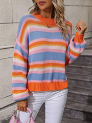 Women's loose mid-color round neck striped sweater - 808Lush
