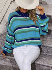 Women's loose mid-color round neck striped sweater - 808Lush