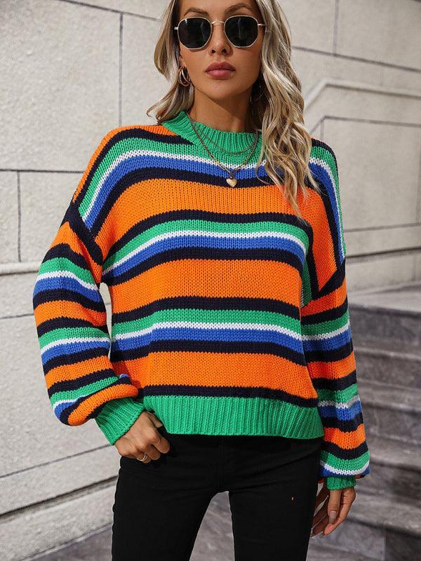 Women's loose mid-color round neck striped sweater - 808Lush