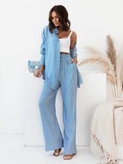Women's loose solid color long-sleeved shirt casual trousers two-piece set - 808Lush