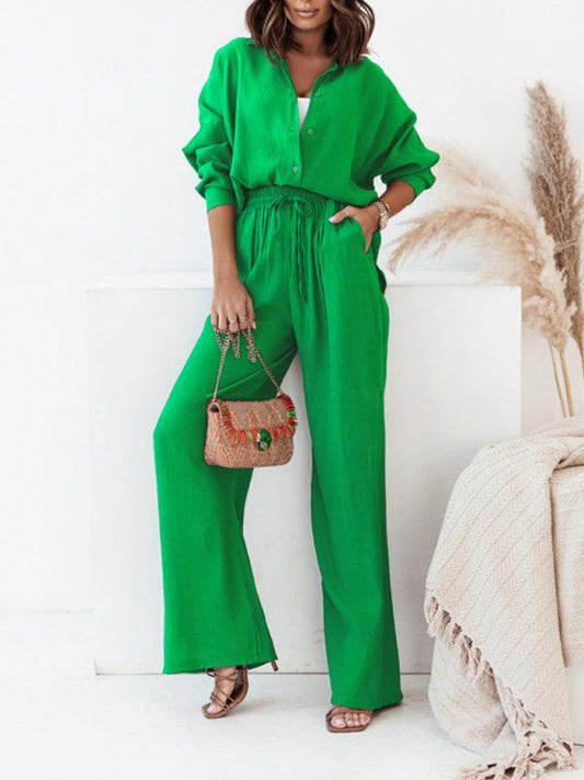 Women's loose solid color long-sleeved shirt casual trousers two-piece set - 808Lush