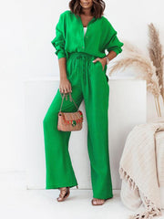 Women's loose solid color long-sleeved shirt casual trousers two-piece set - 808Lush