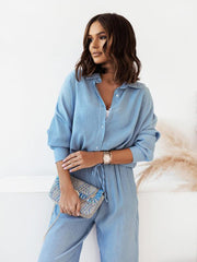 Women's loose solid color long-sleeved shirt casual trousers two-piece set - 808Lush