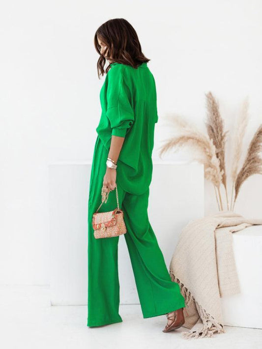 Women's loose solid color long-sleeved shirt casual trousers two-piece set - 808Lush