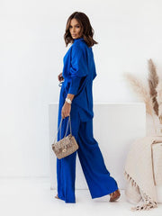 Women's loose solid color long-sleeved shirt casual trousers two-piece set - 808Lush