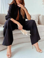 Women's loose solid color long-sleeved shirt casual trousers two-piece set - 808Lush