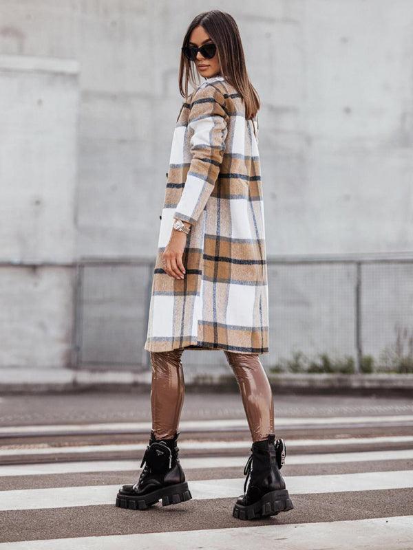 Women's mid-length plaid woolen printed coat - 808Lush