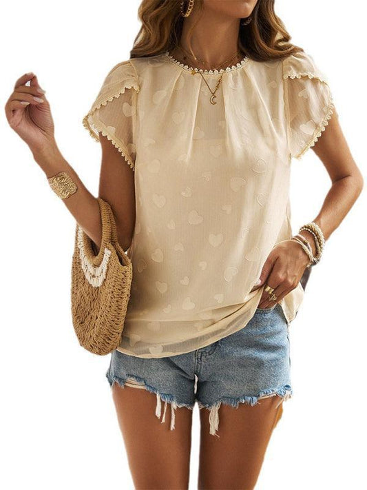 Women's casual love jacquard petal sleeve top - 808Lush