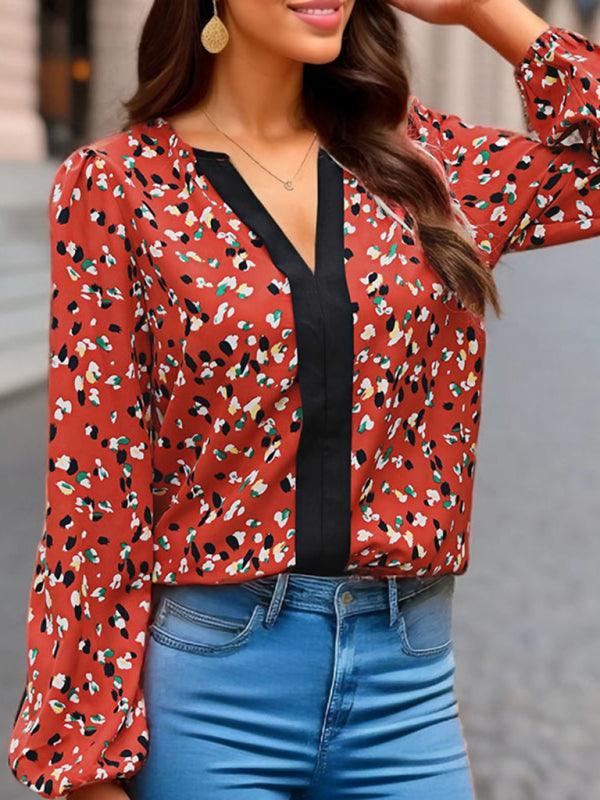 Women's block printed long-sleeved V-neck shirt - 808Lush