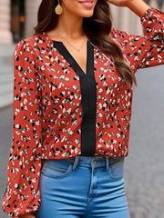 Women's block printed long-sleeved V-neck shirt - 808Lush