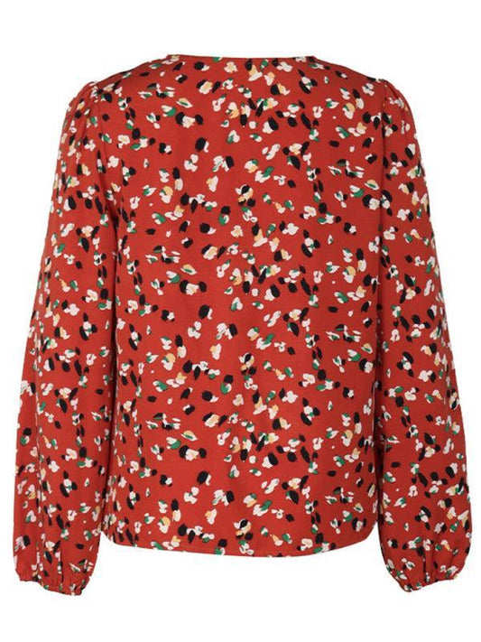 Women's block printed long-sleeved V-neck shirt - 808Lush
