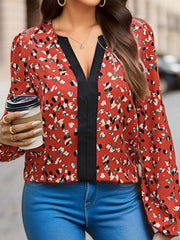 Women's block printed long-sleeved V-neck shirt - 808Lush