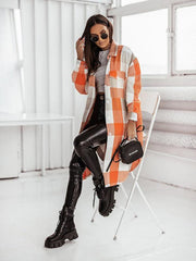 Women's flannel plaid long windbreaker fashionable shirt woolen jacket - 808Lush