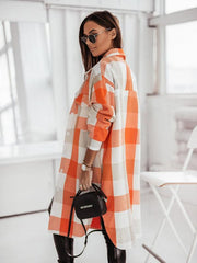 Women's flannel plaid long windbreaker fashionable shirt woolen jacket - 808Lush