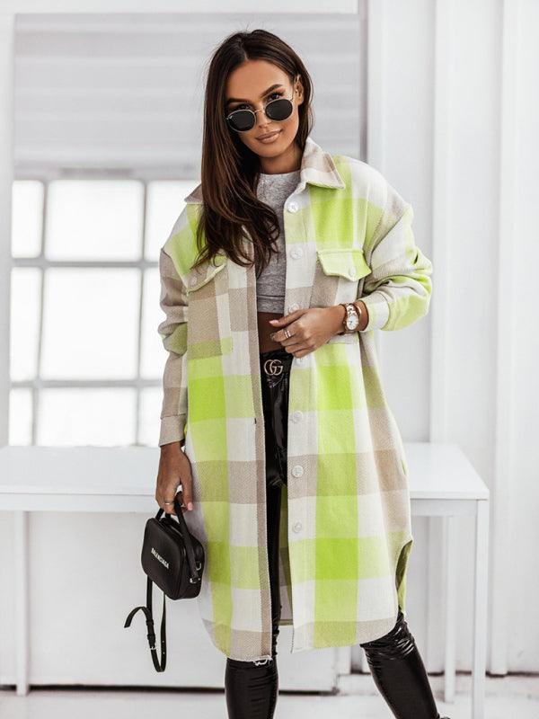 Women's flannel plaid long windbreaker fashionable shirt woolen jacket - 808Lush