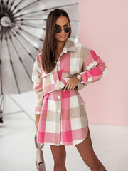 Women's flannel plaid long windbreaker fashionable shirt woolen jacket - 808Lush