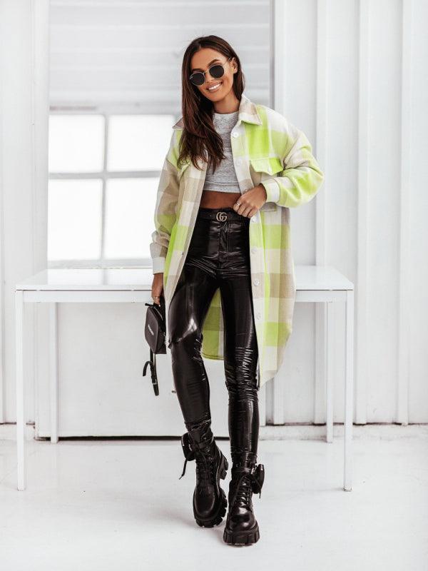 Women's flannel plaid long windbreaker fashionable shirt woolen jacket - 808Lush