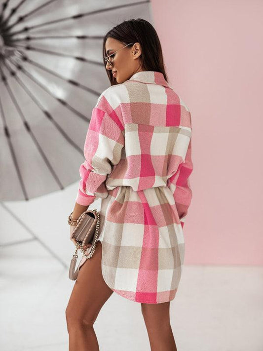 Women's flannel plaid long windbreaker fashionable shirt woolen jacket - 808Lush