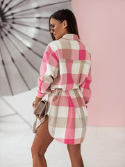 Women's flannel plaid long windbreaker fashionable shirt woolen jacket - 808Lush