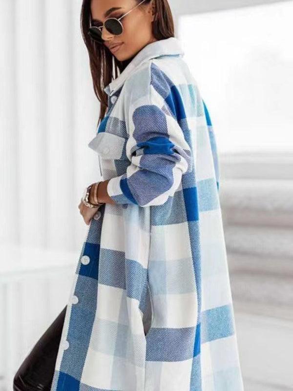 Women's flannel plaid long windbreaker fashionable shirt woolen jacket - 808Lush