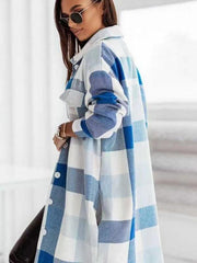 Women's flannel plaid long windbreaker fashionable shirt woolen jacket - 808Lush