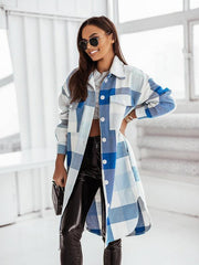 Women's flannel plaid long windbreaker fashionable shirt woolen jacket - 808Lush