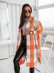 Women's flannel plaid long windbreaker fashionable shirt woolen jacket - 808Lush