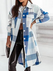 Women's flannel plaid long windbreaker fashionable shirt woolen jacket - 808Lush