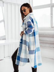 Women's flannel plaid long windbreaker fashionable shirt woolen jacket - 808Lush