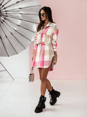 Women's flannel plaid long windbreaker fashionable shirt woolen jacket - 808Lush