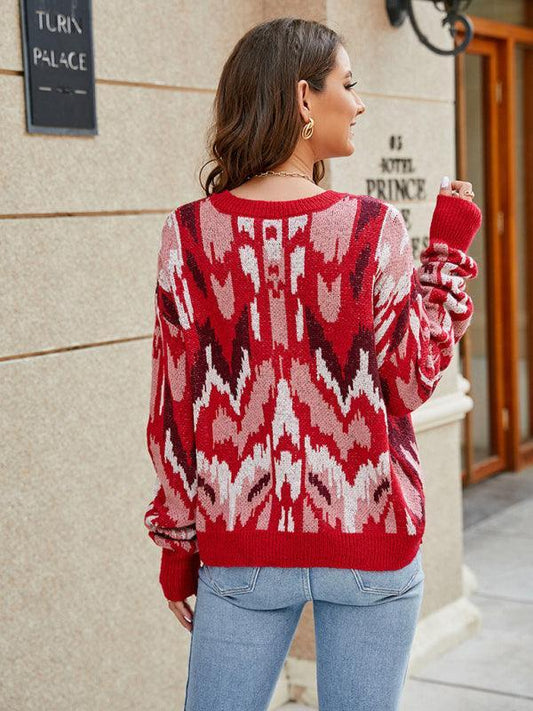 Women's contrast color jacquard loose long-sleeved sweater - 808Lush