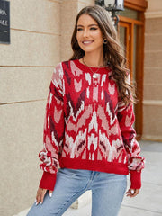 Women's contrast color jacquard loose long-sleeved sweater - 808Lush