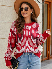 Women's contrast color jacquard loose long-sleeved sweater - 808Lush