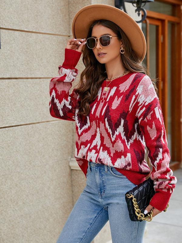 Women's contrast color jacquard loose long-sleeved sweater - 808Lush