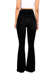Women's high-waist washed button slim fit slightly flared wide-leg denim trousers - 808Lush
