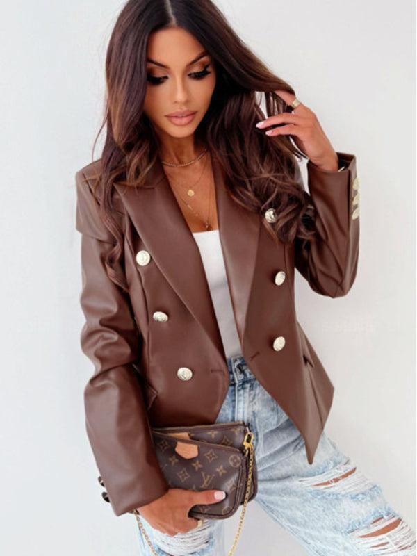 Women's long-sleeved double-breasted fashionable PU leather blazer - 808Lush