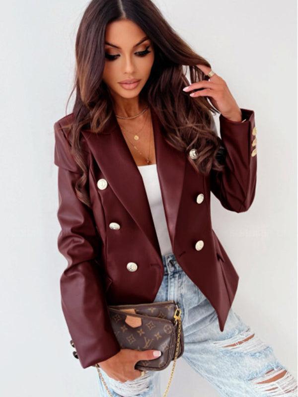 Women's long-sleeved double-breasted fashionable PU leather blazer - 808Lush
