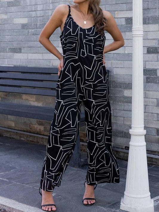Women's pattern loose suspender long jumpsuit - 808Lush