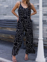Women's pattern loose suspender long jumpsuit - 808Lush