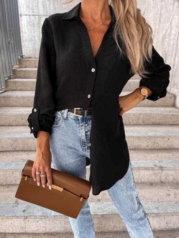 Women's pull-sleeve V-neck button lapel shirt - 808Lush
