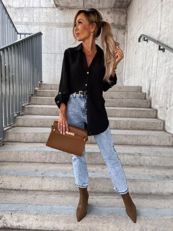 Women's pull-sleeve V-neck button lapel shirt - 808Lush