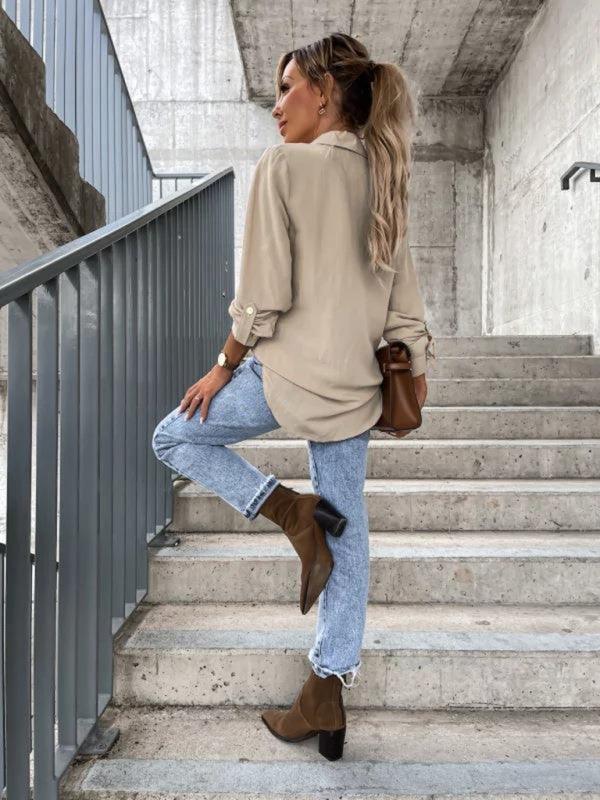 Women's pull-sleeve V-neck button lapel shirt - 808Lush