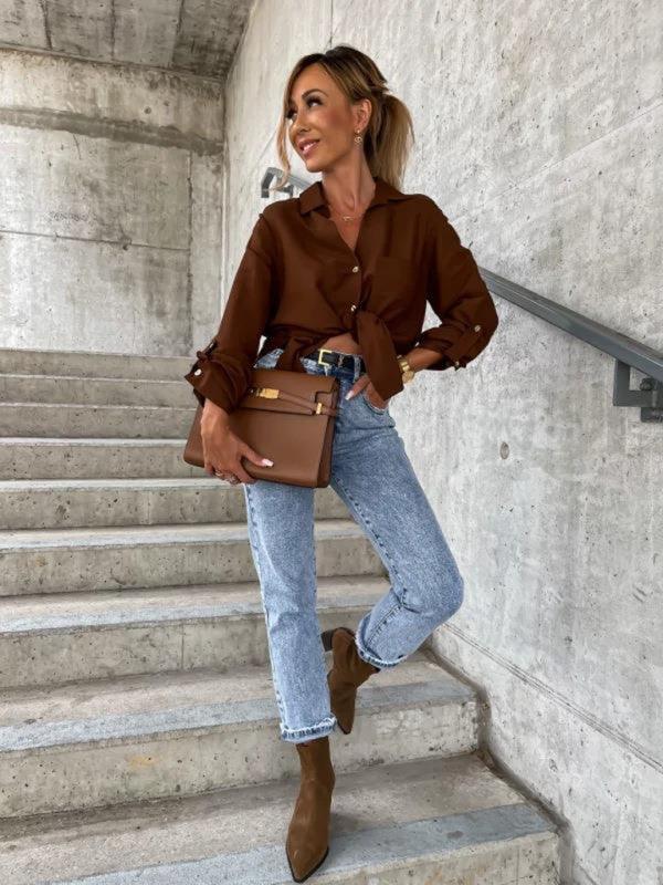 Women's pull-sleeve V-neck button lapel shirt - 808Lush