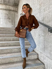 Women's pull-sleeve V-neck button lapel shirt - 808Lush