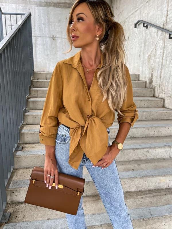 Women's pull-sleeve V-neck button lapel shirt - 808Lush