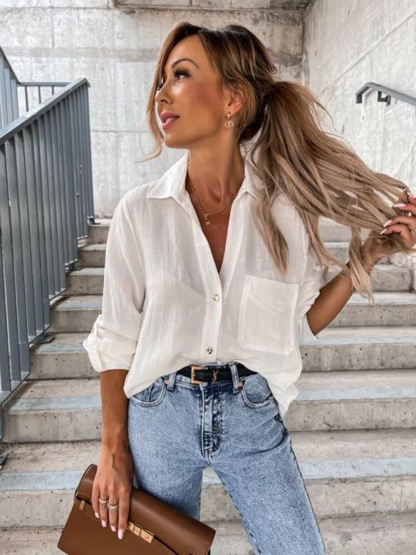 Women's pull-sleeve V-neck button lapel shirt - 808Lush